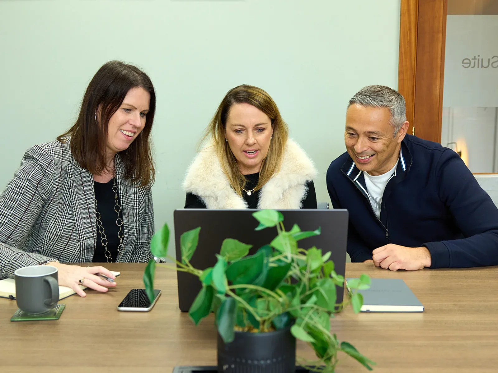 Three colleagues collaborating at a laptop, with a plant in the foreground.