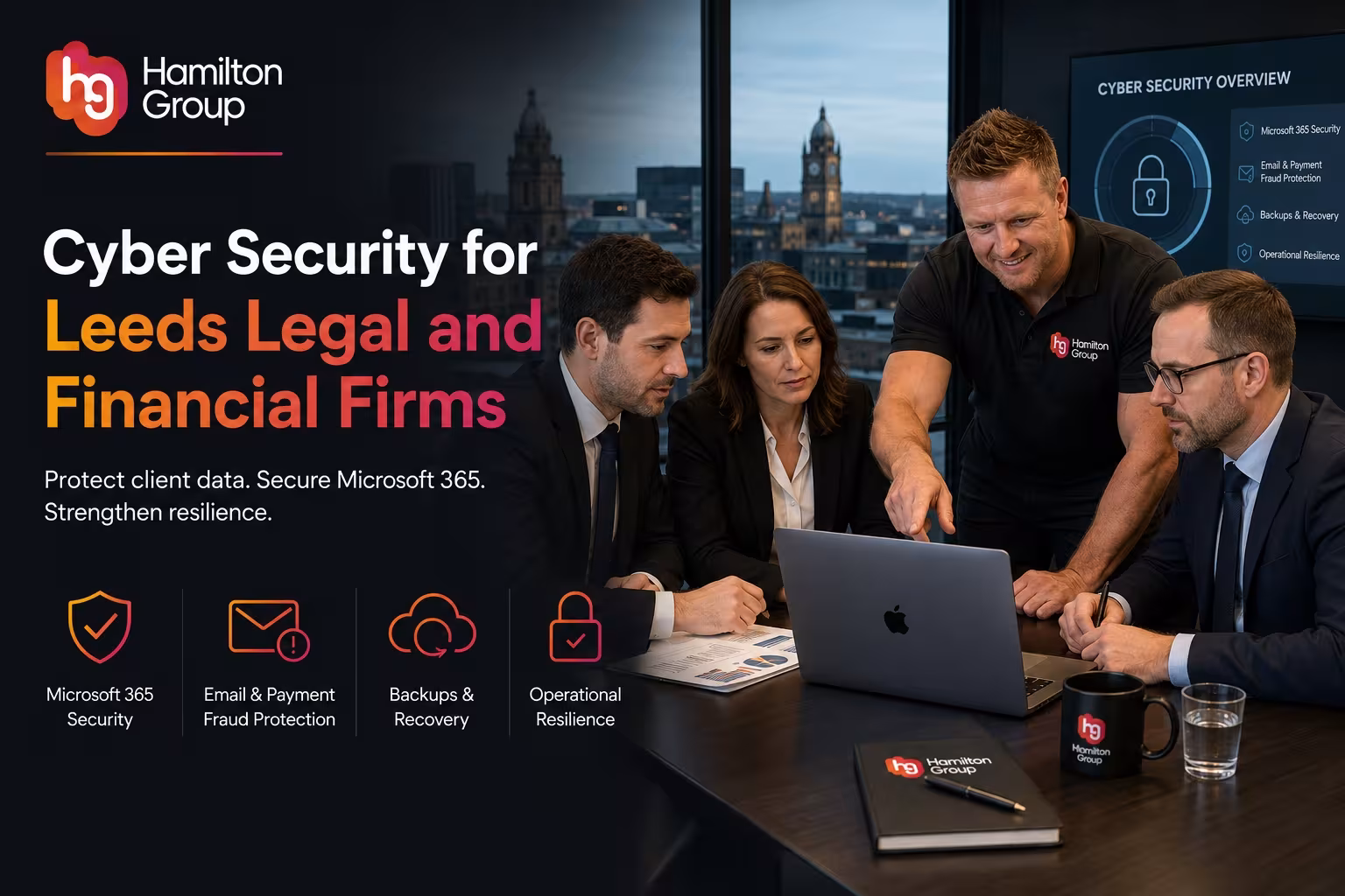 Hamilton Group branded blog image for “Cyber Security for Leeds Legal and Financial Firms”, showing legal and financial professionals reviewing cyber security with a Hamilton Group IT specialist, alongside Microsoft 365 security, email and payment fraud protection, backups, recovery and operational resilience