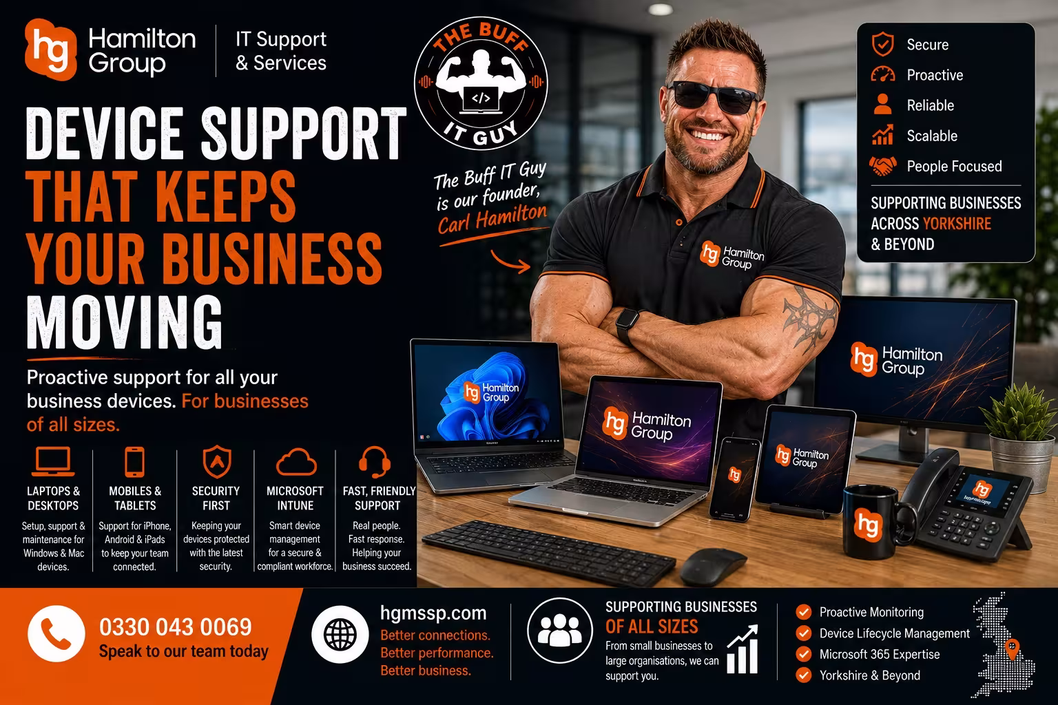 Hamilton Group Device Support banner featuring founder Carl Hamilton, The Buff IT Guy, promoting proactive device support for businesses of all sizes, including Windows PCs, Macs, laptops, mobile devices, Microsoft Intune management, endpoint security, Microsoft 365 expertise and managed IT support across Yorkshire and beyond