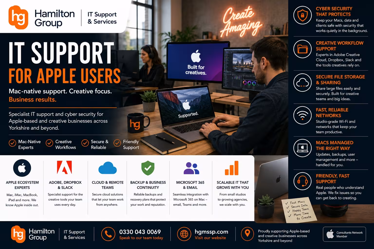 Hamilton Group IT support for Apple users banner promoting Mac-native support, Adobe Creative Cloud workflows, secure file sharing, Microsoft 365, cloud services, backup, cyber security and reliable networks for creative businesses