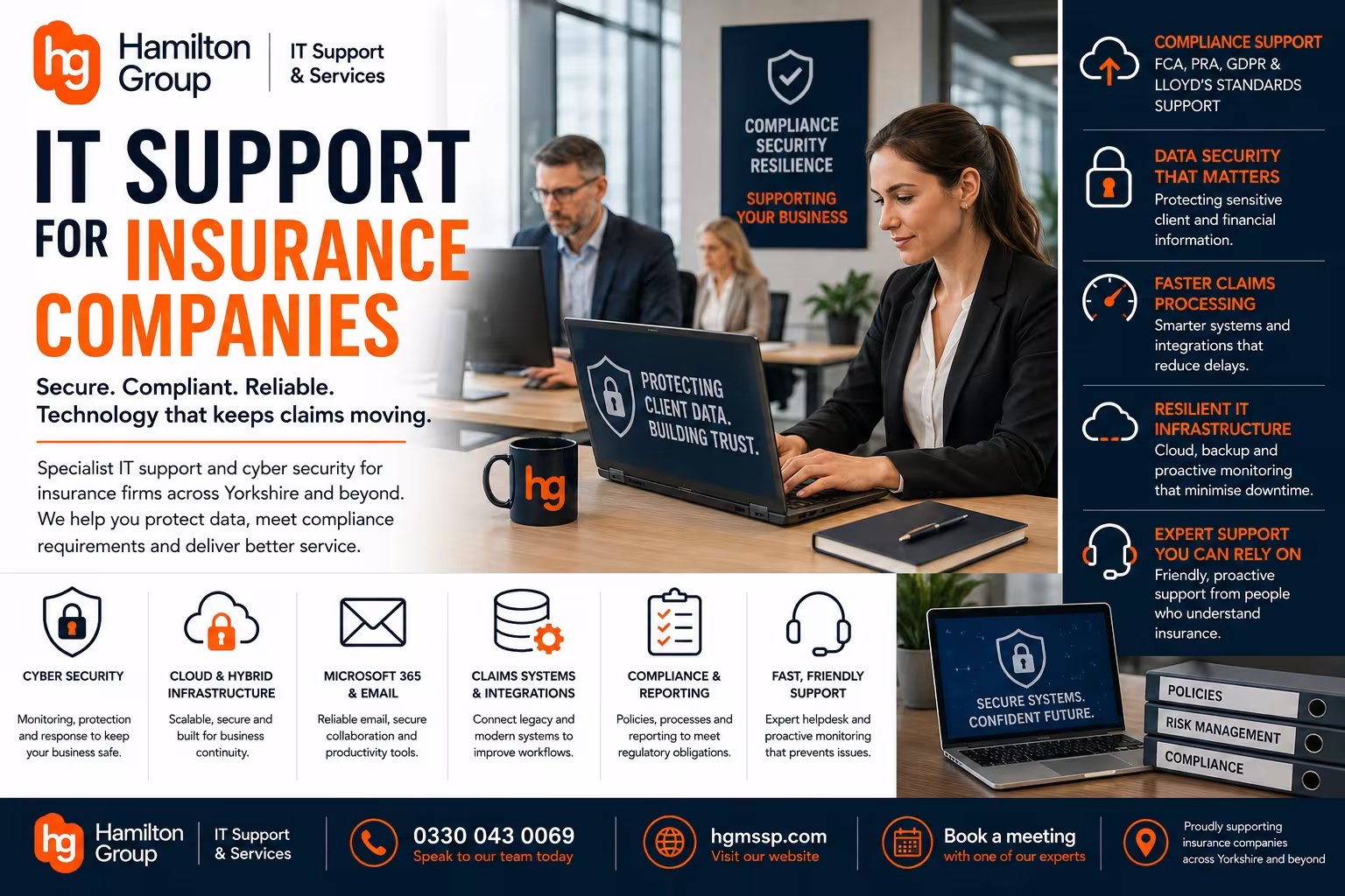 Hamilton Group IT support for insurance companies banner promoting cyber security, Microsoft 365, cloud and hybrid infrastructure, claims system integrations, compliance reporting and proactive helpdesk support for insurers across Yorkshire and beyond.