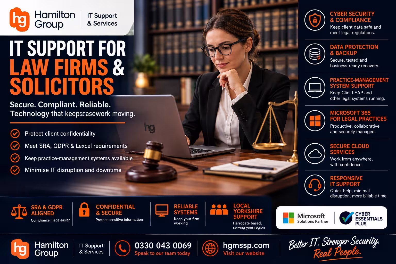 Hamilton Group IT support for law firms and solicitors banner promoting cyber security, SRA and GDPR compliance, Microsoft 365, legal practice-management systems, cloud services, backup and responsive IT support across Yorkshire. 