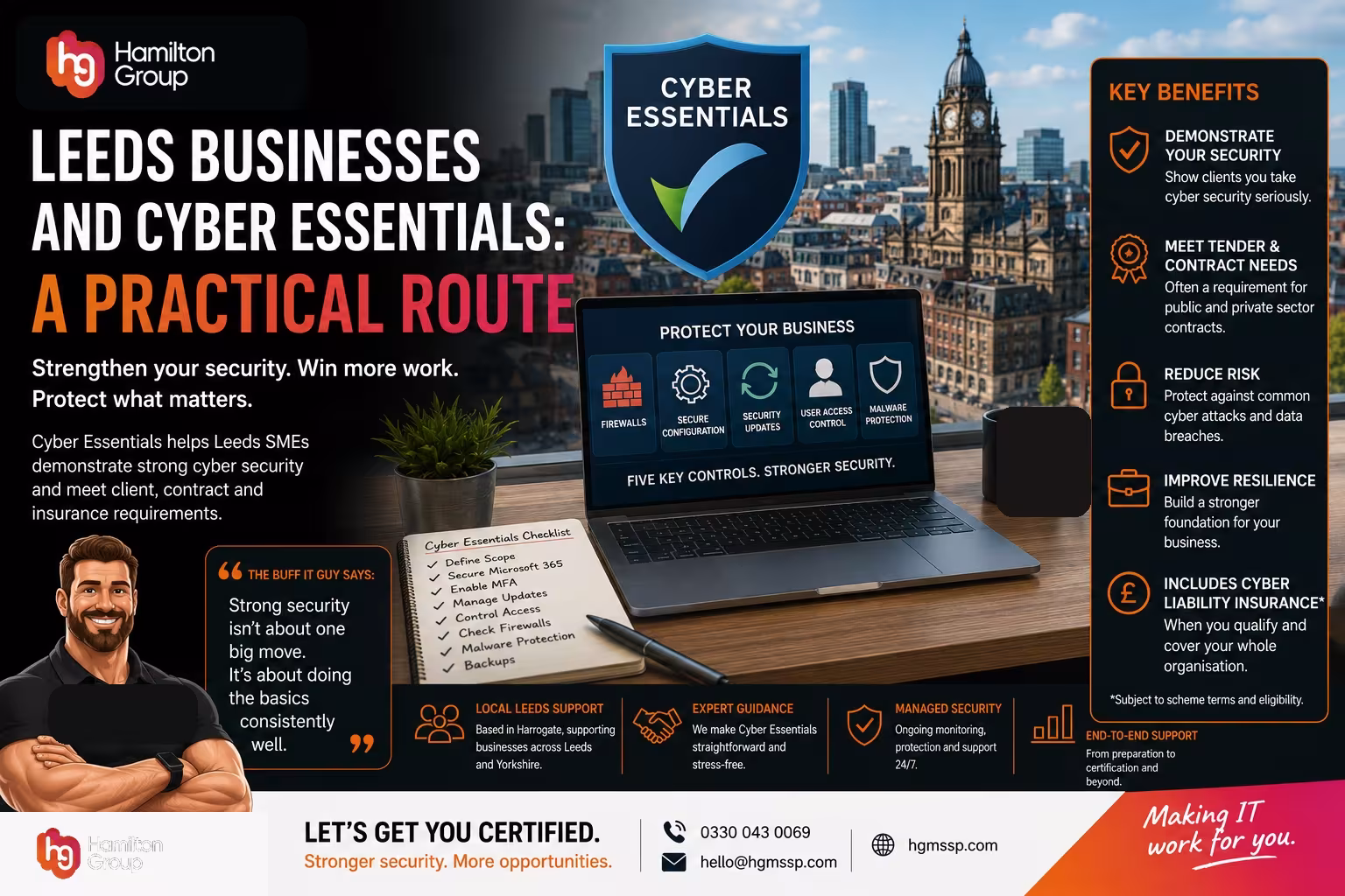 Hamilton Group branded blog image for “Leeds Businesses and Cyber Essentials: A Practical Route”, showing the five Cyber Essentials controls, a Leeds city backdrop, a security checklist and benefits including stronger cyber security, contract readiness and improved resilience.