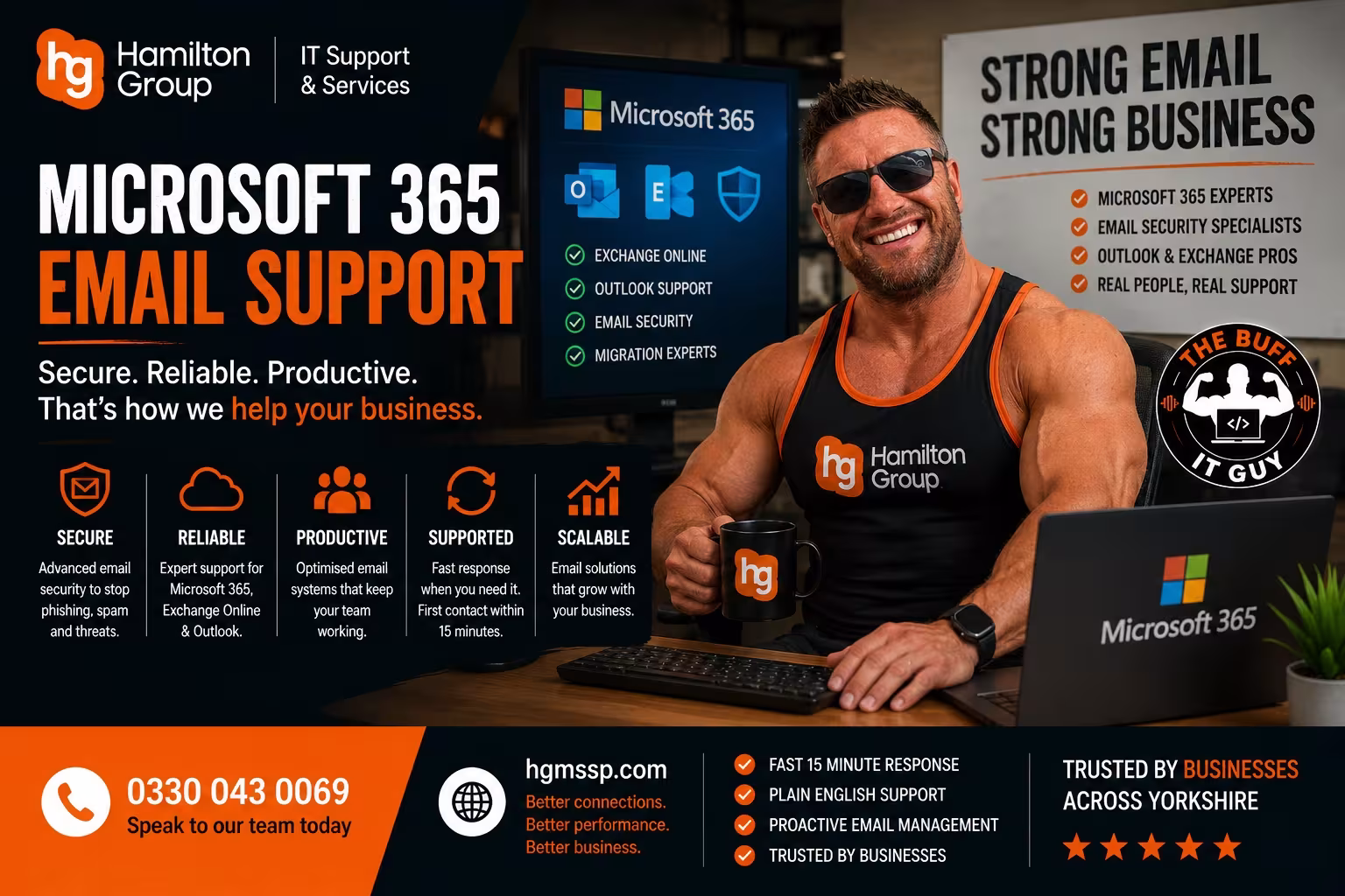 Hamilton Group Microsoft 365 Email Support banner featuring The Buff IT Guy promoting Microsoft 365, Exchange Online and Outlook support, email security, migrations, proactive managed IT services and fast business IT support for organisations across Yorkshire.