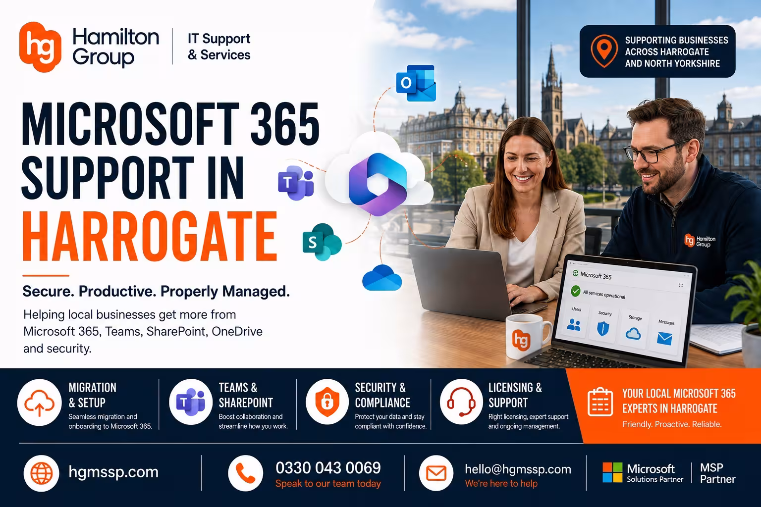 Hamilton Group Microsoft 365 support in Harrogate banner promoting Microsoft 365 migration, Teams, SharePoint, OneDrive, security, compliance, licensing and local expert IT support for businesses across Harrogate and North Yorkshire