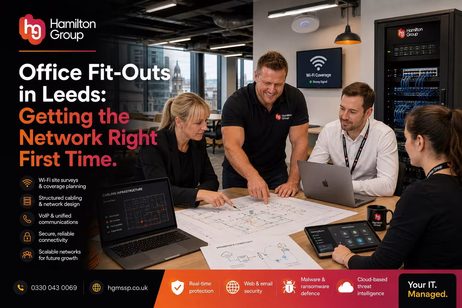 Hamilton Group branded blog image for “Office Fit-Outs in Leeds: Getting the Network Right First Time”, showing Hamilton Group-style IT staff planning structured cabling, Wi-Fi coverage, network infrastructure, VoIP and secure connectivity around office floor plans and a communications cabinet.