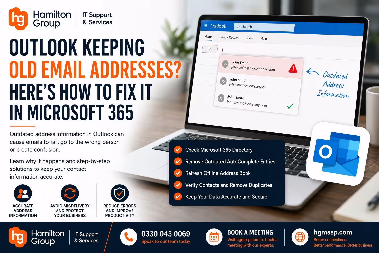 Outlook keeping old email addresses in Microsoft 365. Hamilton Group guide showing how to fix outdated Outlook AutoComplete entries, refresh the Offline Address Book, verify contacts and prevent email delivery errors with Microsoft 365.