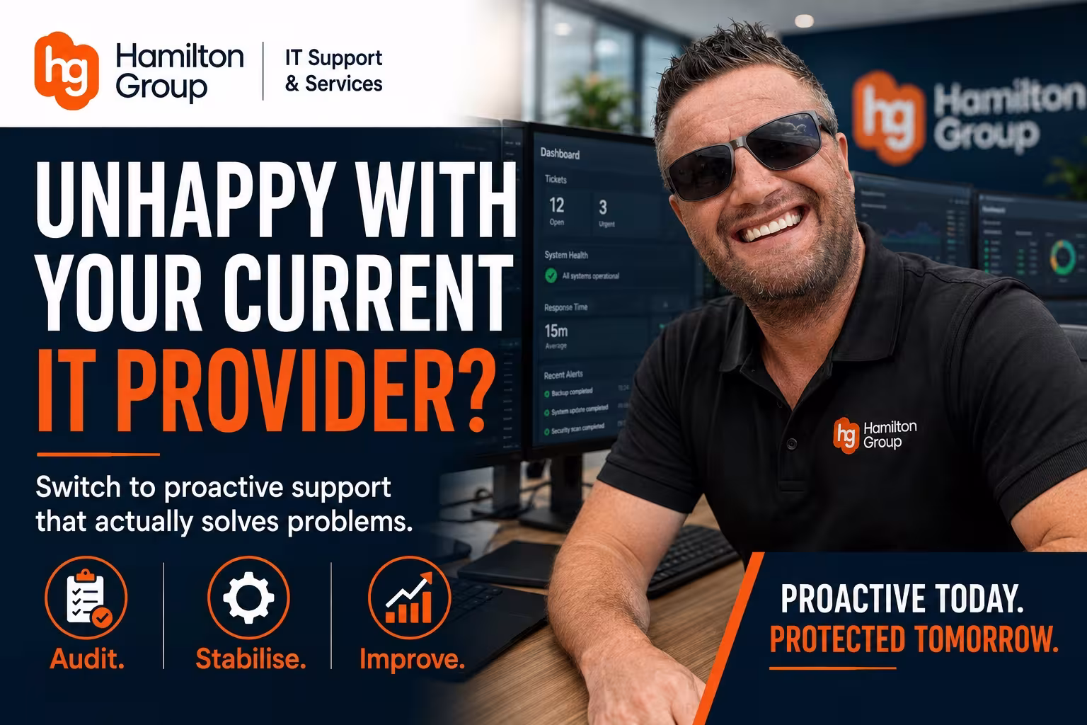 Hamilton Group IT support banner featuring The Buff IT Guy, promoting a switch from an underperforming IT provider to proactive support that audits, stabilises and improves business systems, with fast response and ongoing managed IT support