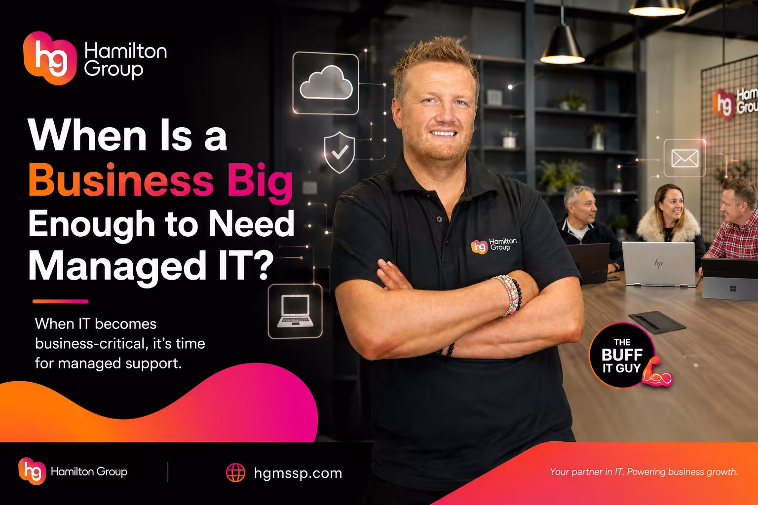Hamilton Group branded image for “When Is a Business Big Enough to Need Managed IT?”, featuring the Buff IT Guy in a modern office with business staff, cloud, security, email and device icons representing proactive managed IT support.