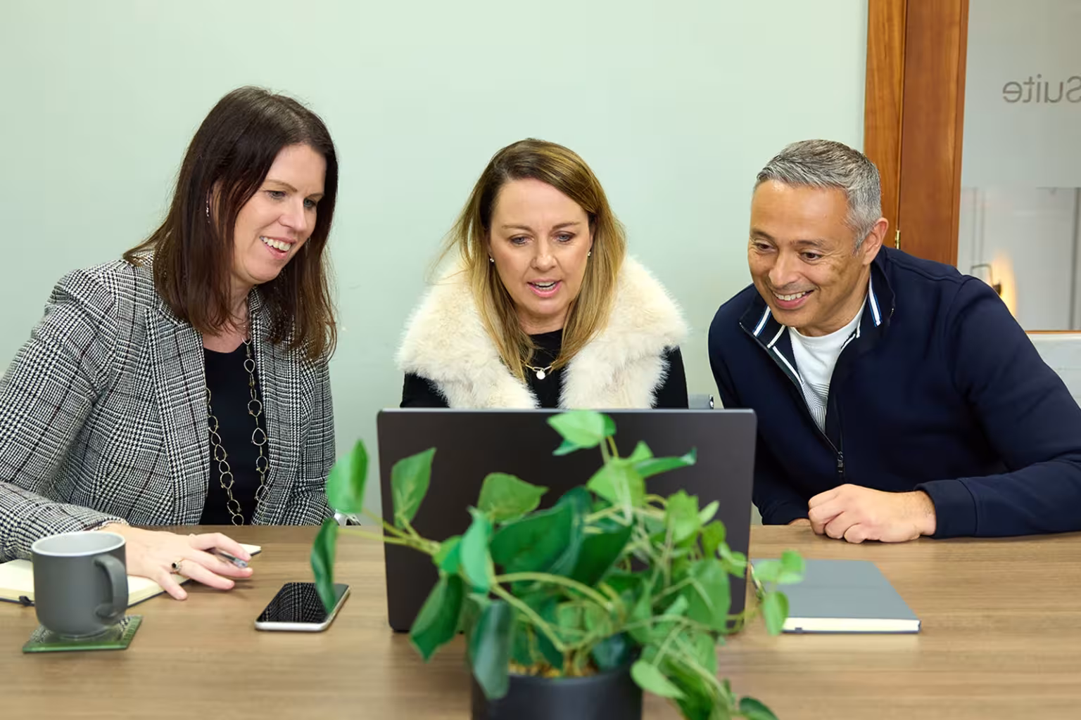 Three colleagues collaborating at a laptop, with a plant in the foreground.